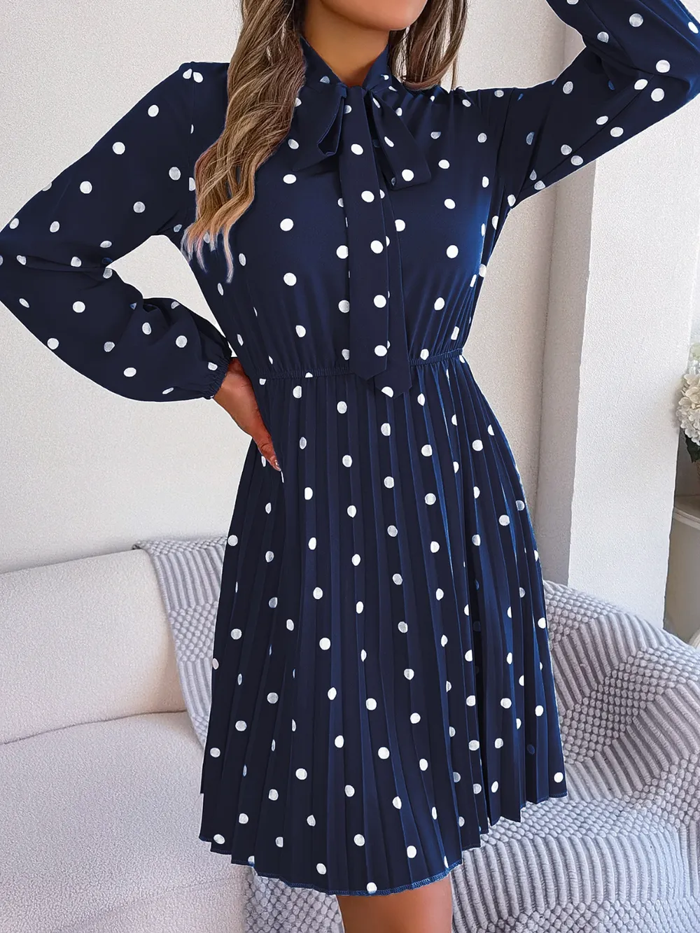 Polka Dot Tie Neck Pleated Dress, image 11