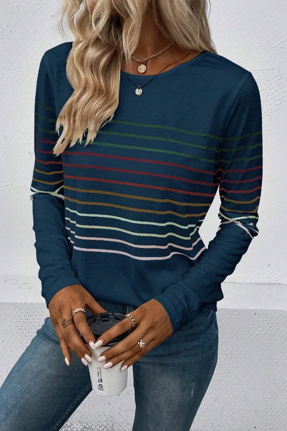 Striped Round Neck Long Sleeve T-Shirt, image 12
