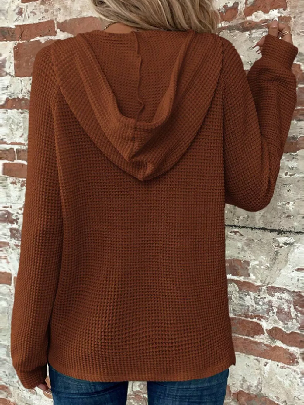 Waffle Knit Hooded Top with Drawstring, image 9