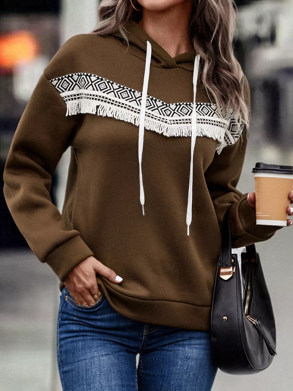 Fringe Detail Long Sleeve Drawstring Hoodie, image 13