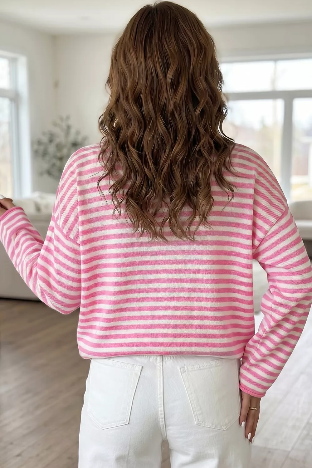 Striped Button Placket Drop Shoulder Long Sleeve Sweater, image 2