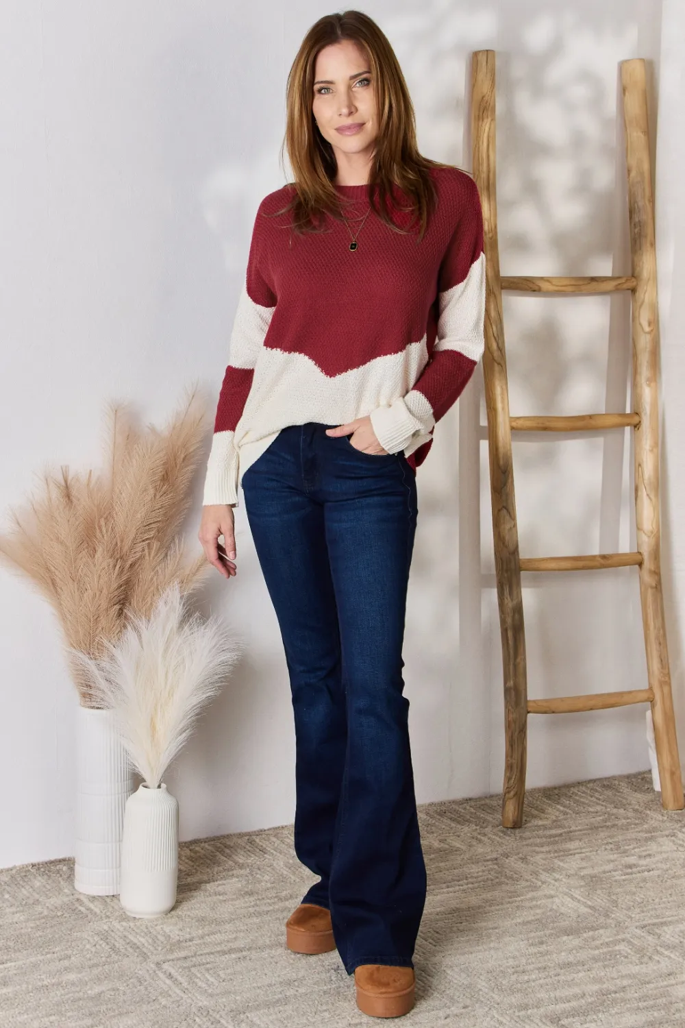 Full Size Color Block Dropped Shoulder Knit Top, image 5
