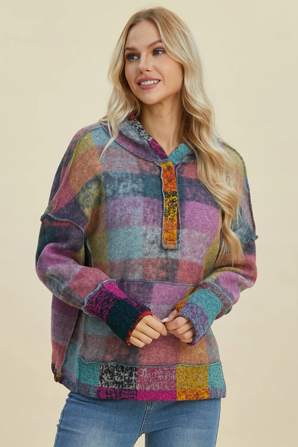 Full Size Plaid Dropped Shoulder Fleece Hoodie, image 19