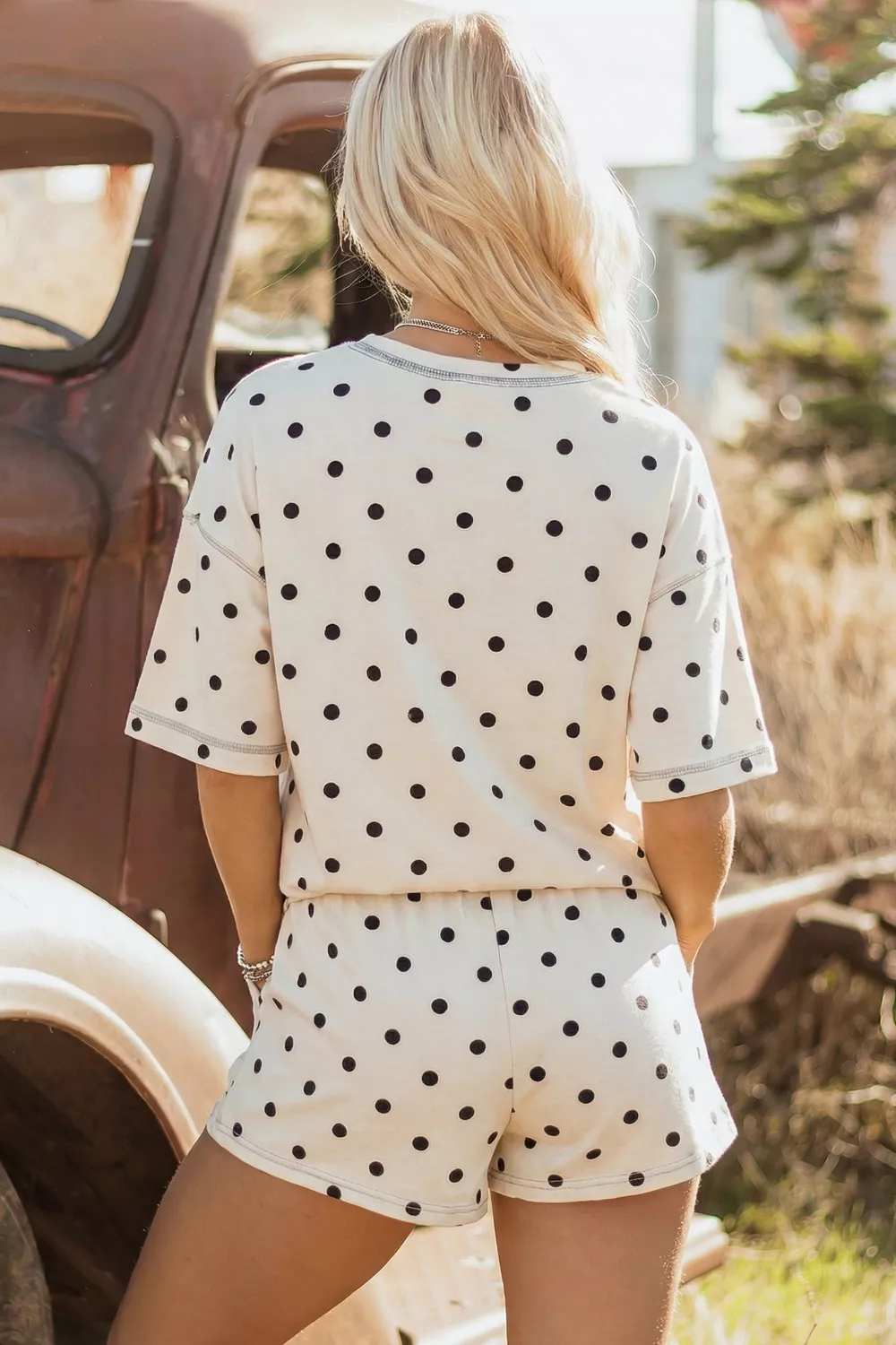 Exposed Seam Detail Polka Dot Loose Tee Drawstring Shorts Set, image 2