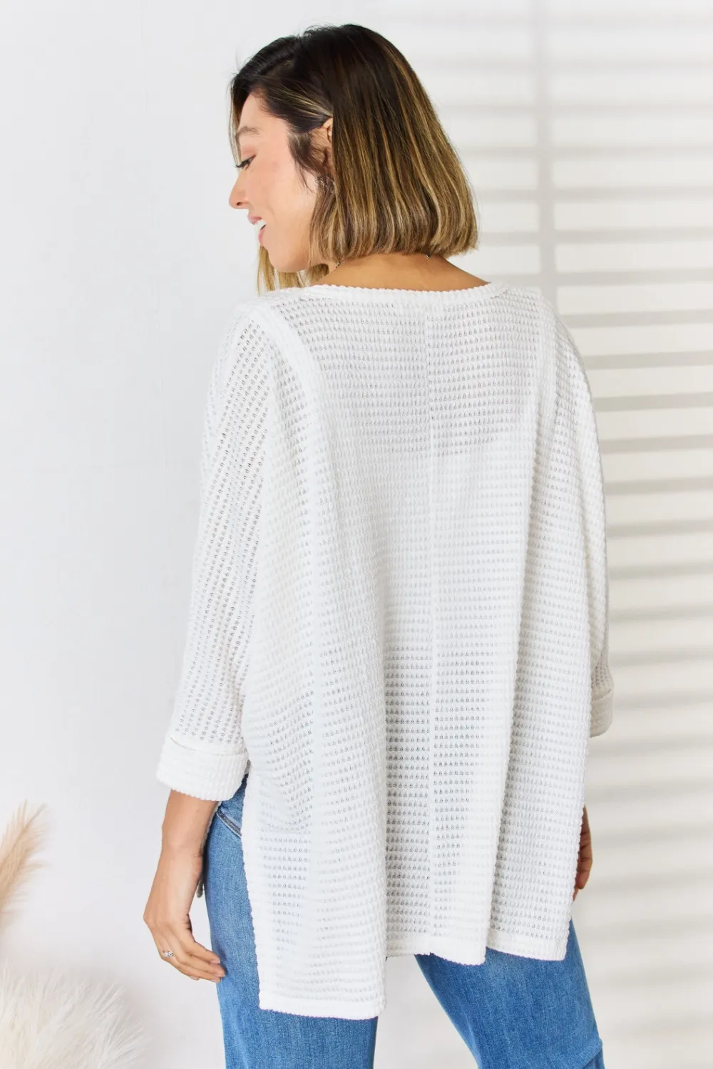 Full Size Waffle Knit V-Neck Long Sleeve Slit Top, image 7