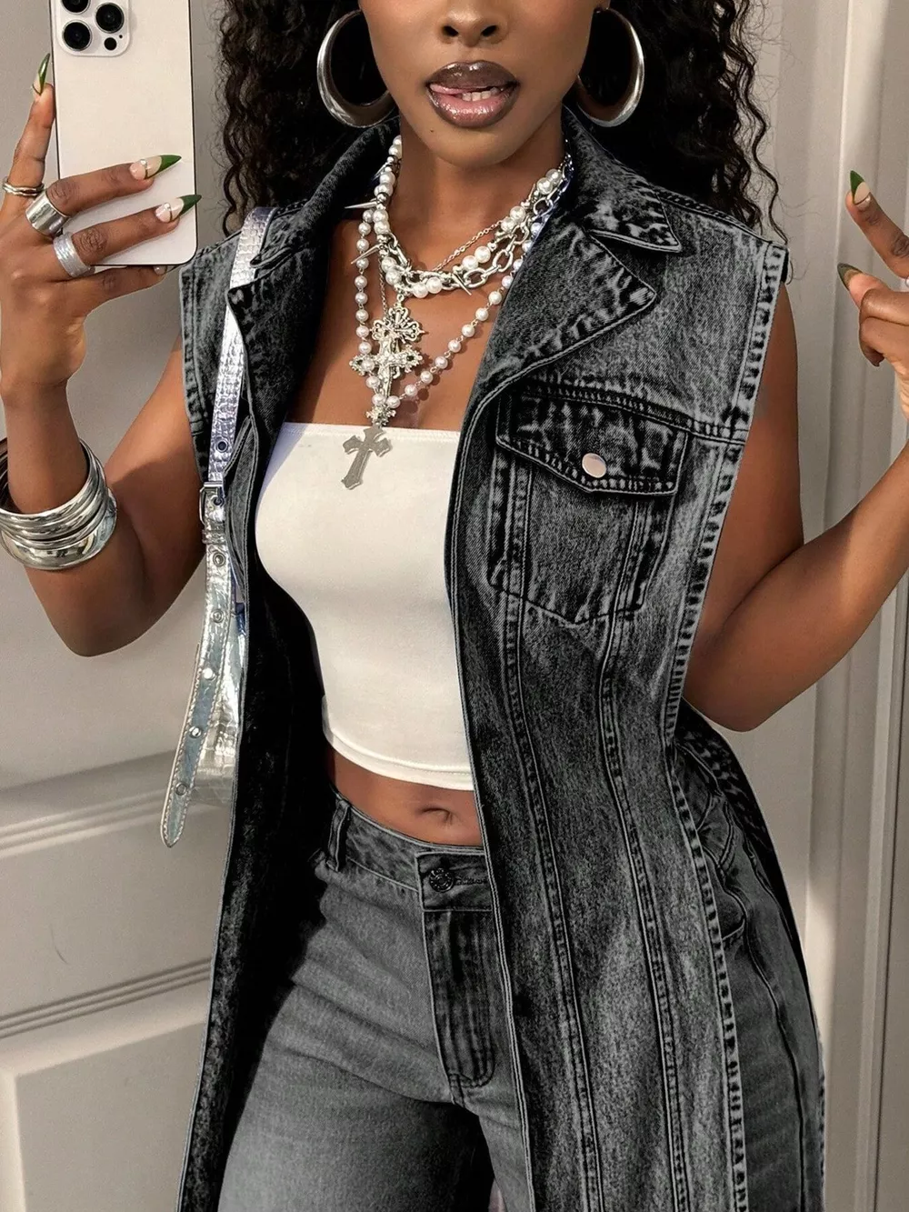 High-Low Open Front Denim Vest, image 17