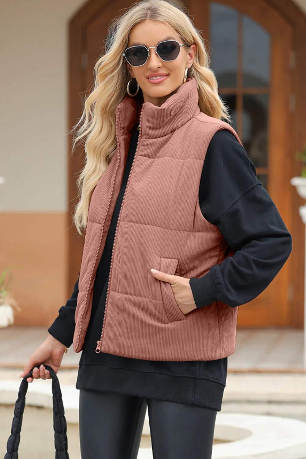 Pocketed Zip Up Turtleneck Vest Coat, image 17