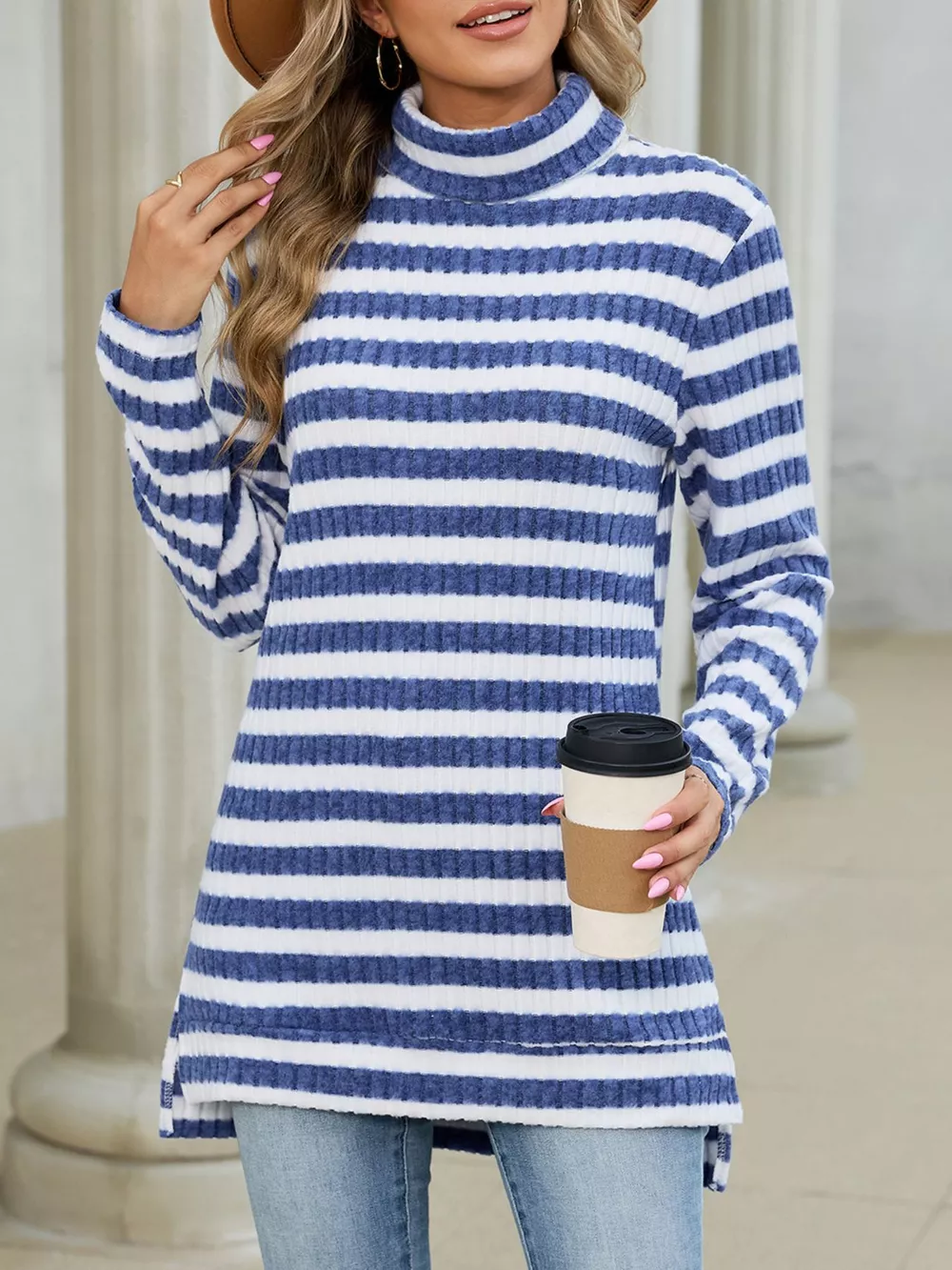 Striped Ribbed Knit Turtleneck Long Sleeve T-Shirt, image 7