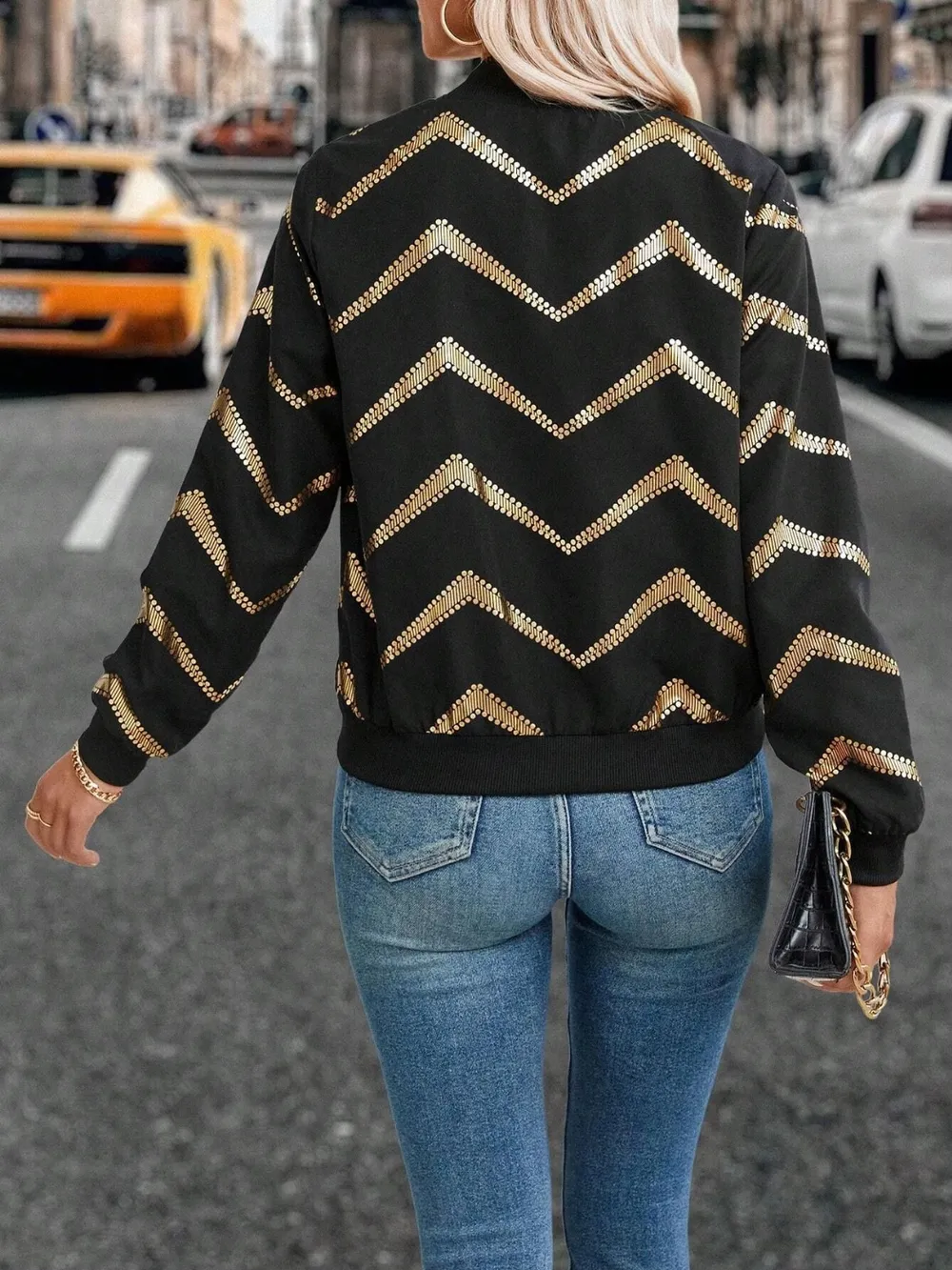 Printed Baseball Collar Zip Up Jacket, image 6