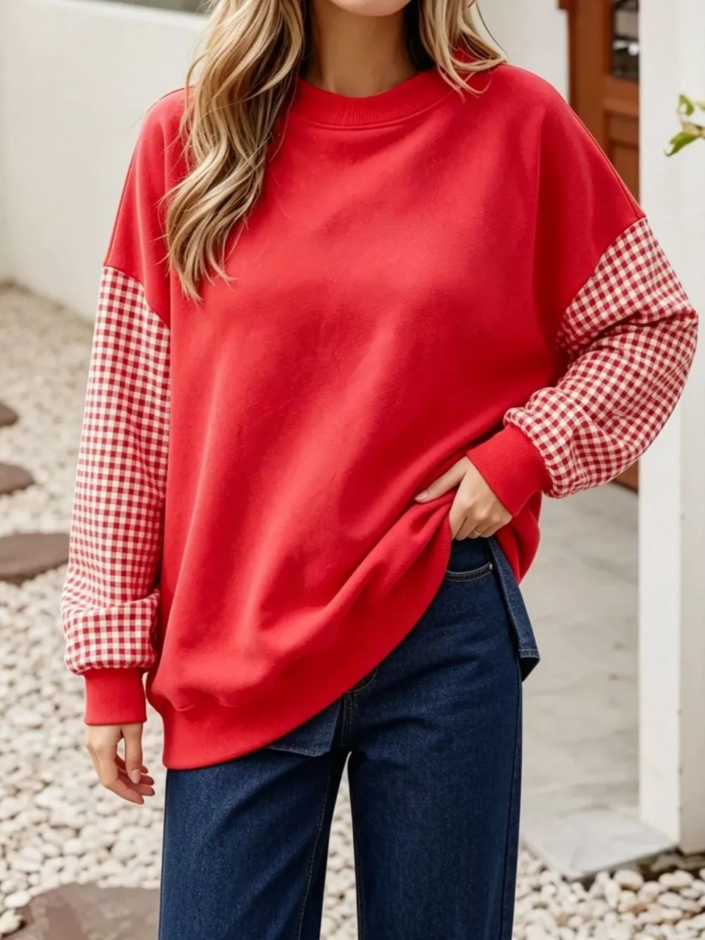 Christmas-Themed Contrast Gingham Long Sleeve Sweatshirt, image 3