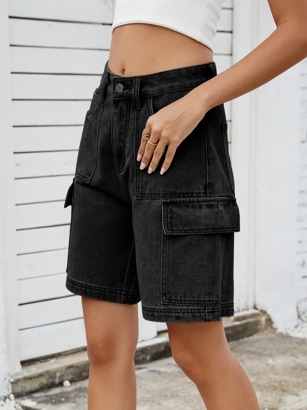 High Waist Denim Shorts with Cargo Pockets, image 11