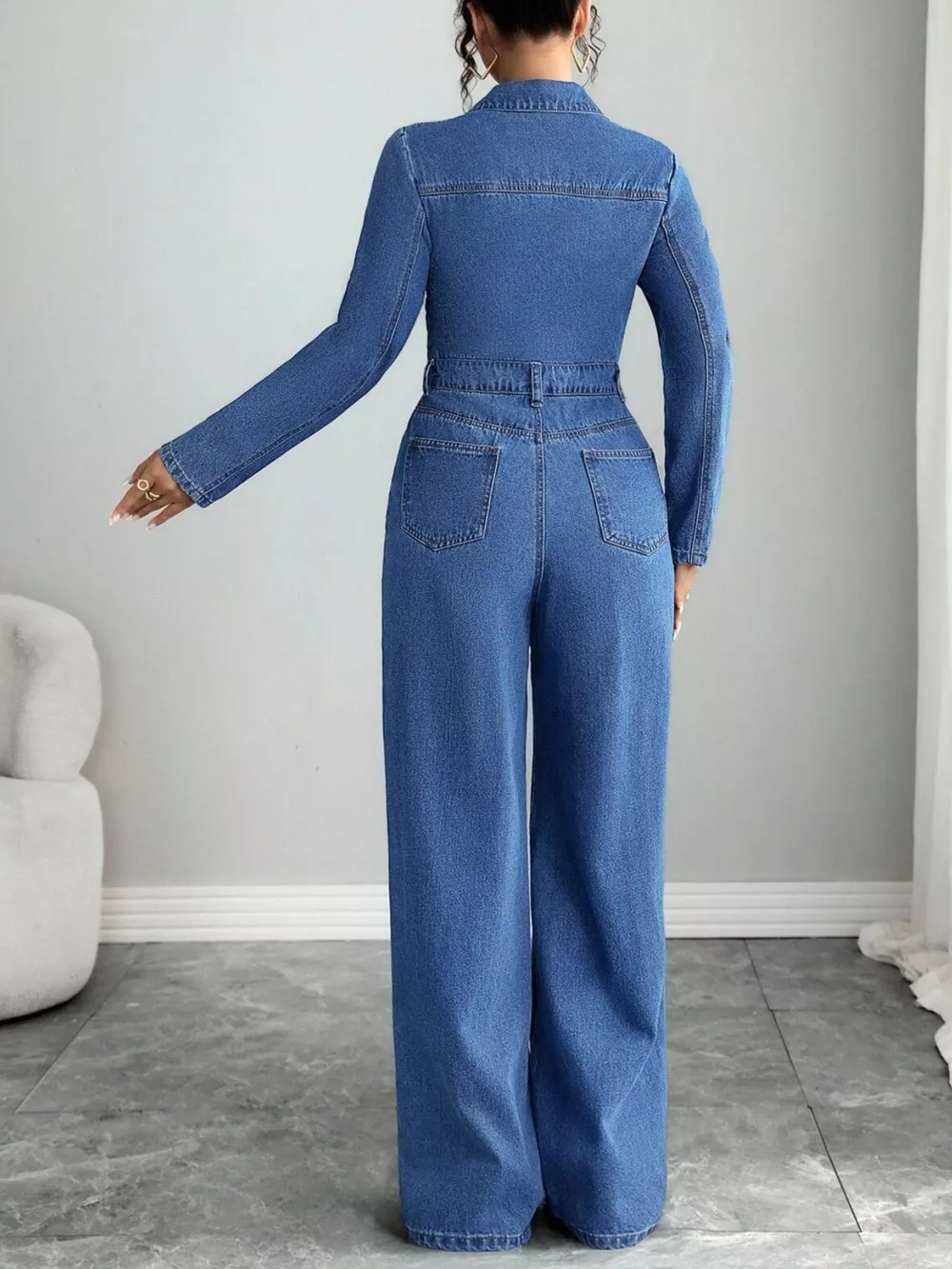 Button Front Long Sleeve Denim Jumpsuit, image 6