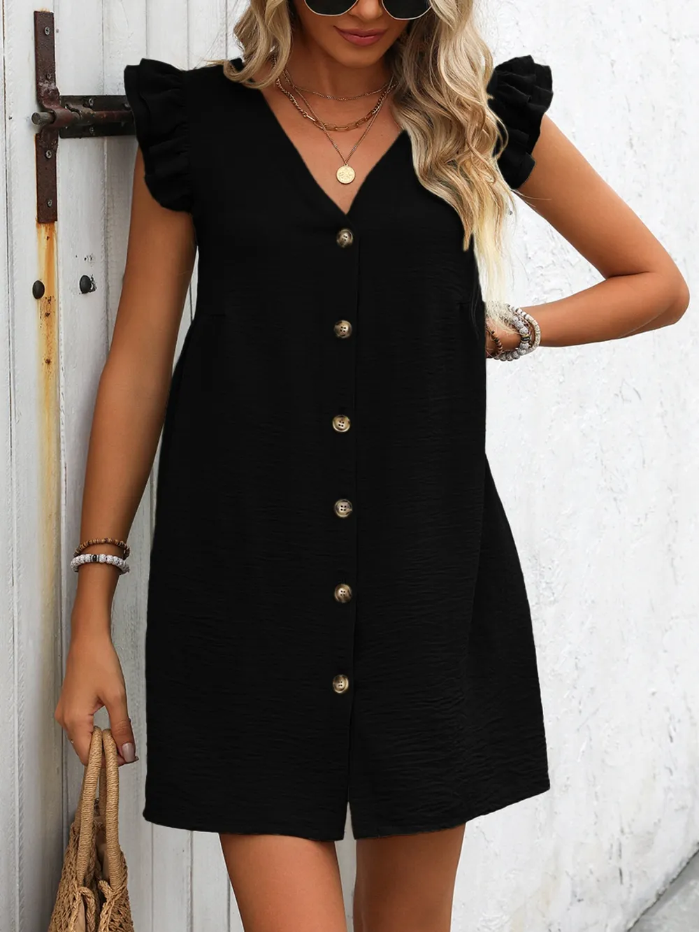 Button Up V-Neck Cap Sleeve Mini Dress, image 22