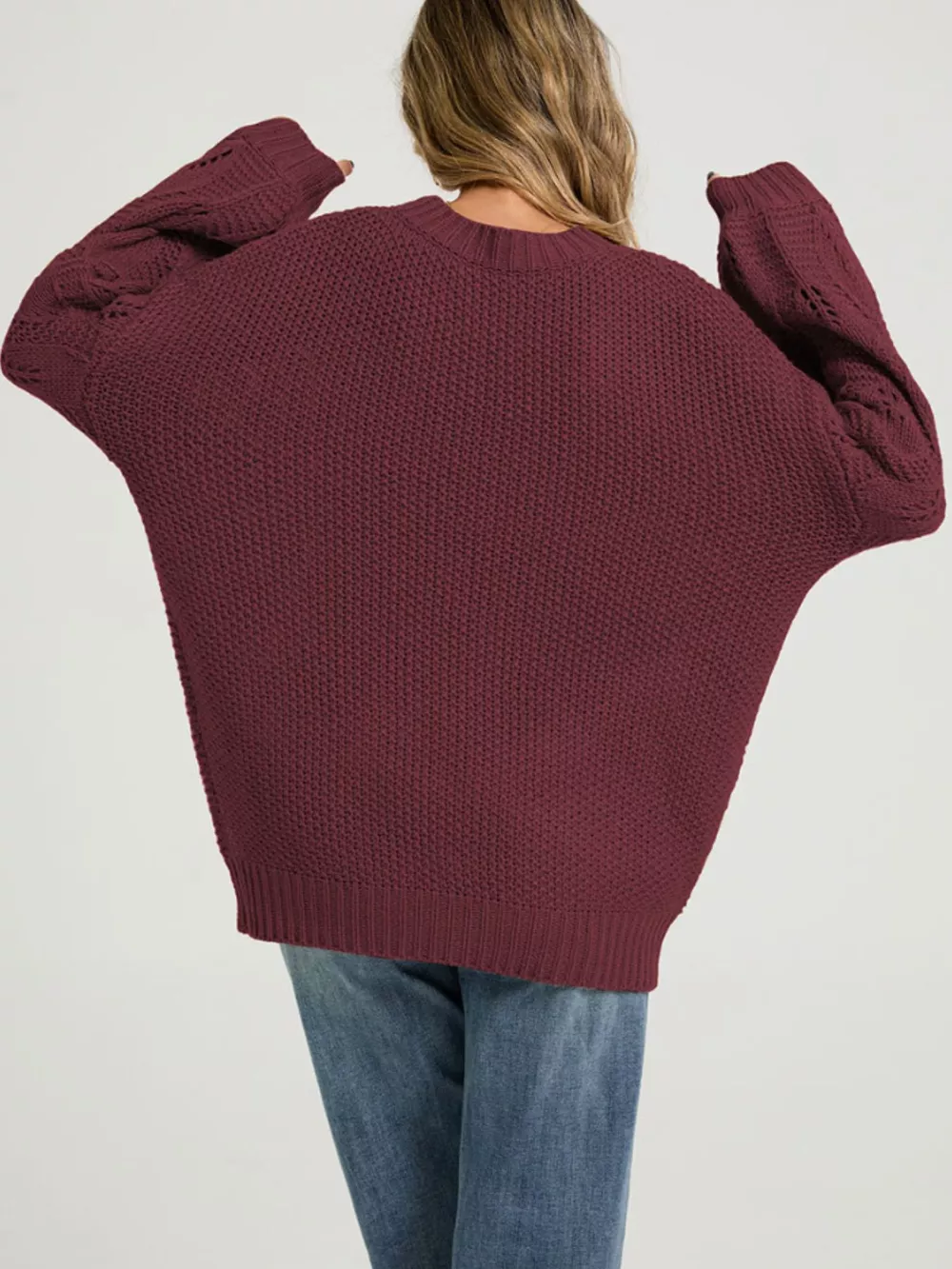 Textured Knit Openwork Dropped Shoulder Sweater, image 6