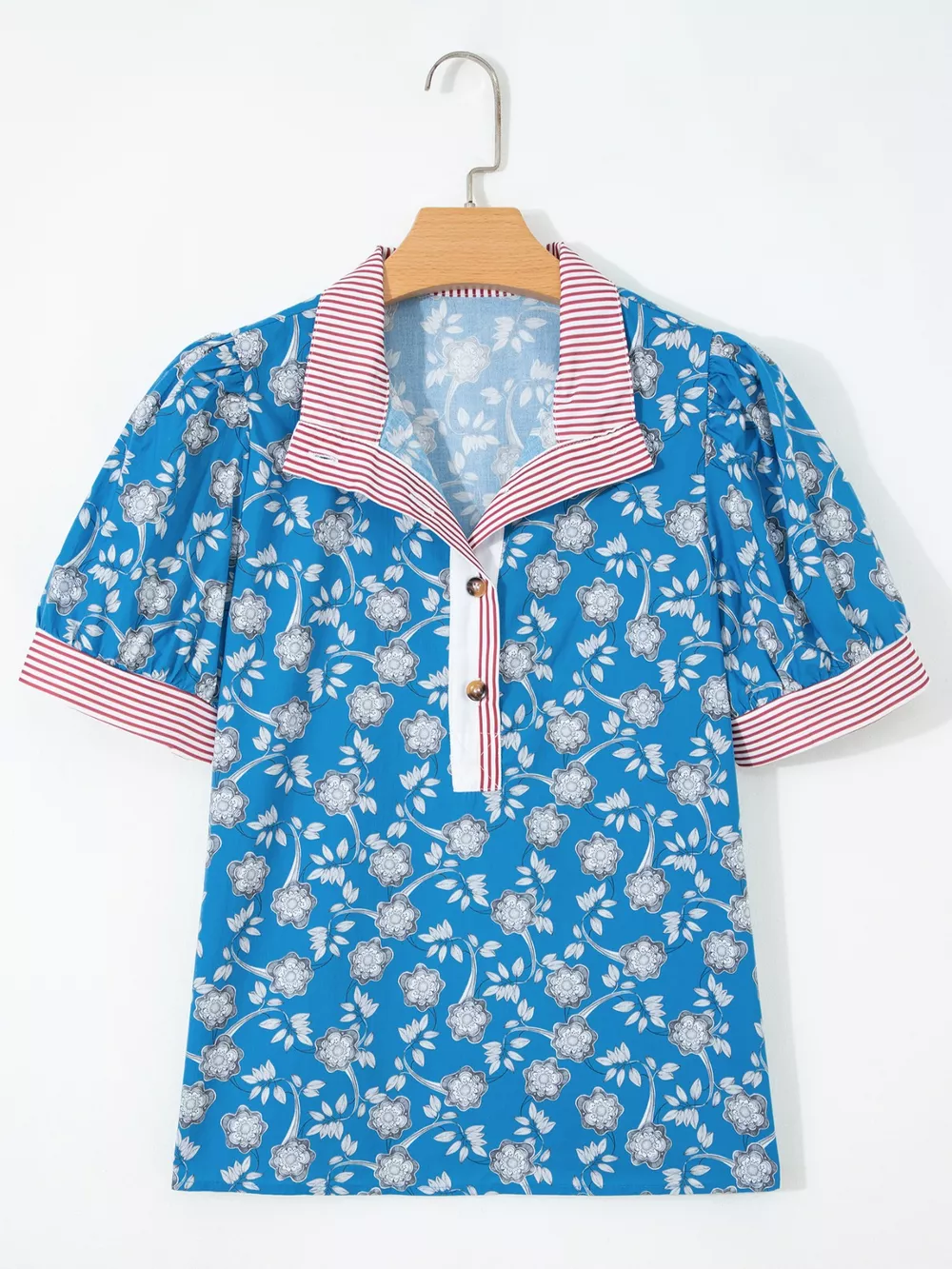 Floral Print Striped Trim Button Neck Short Sleeve Blouse, image 6