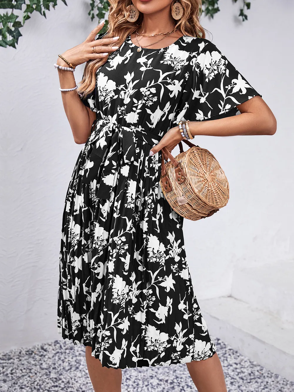 Printed Round Neck Short Sleeve Dress, image 8
