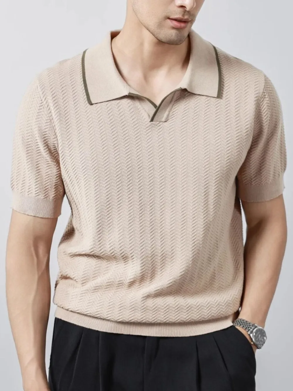 Men's Plus Size Textured Contrast Trim Short Sleeve Polo, image 8