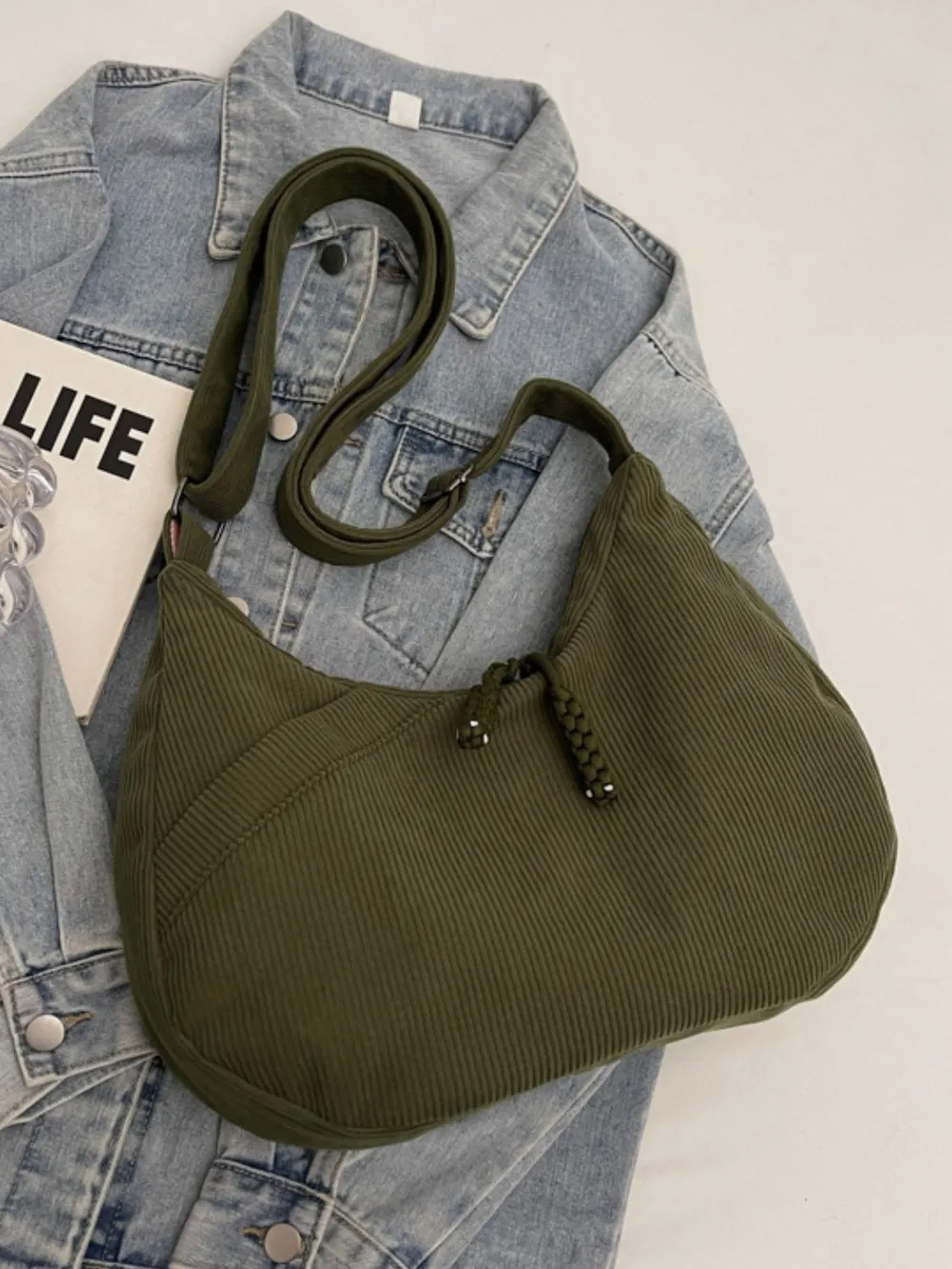 Ribbed Adjustable Strap Shoulder Bag, image 8