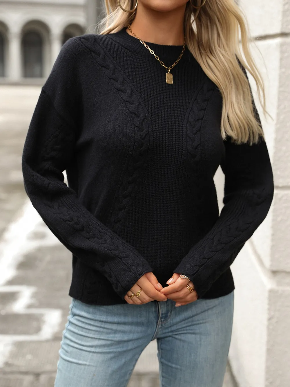Cable-Knit Round Neck Long Sleeve Sweater, image 12