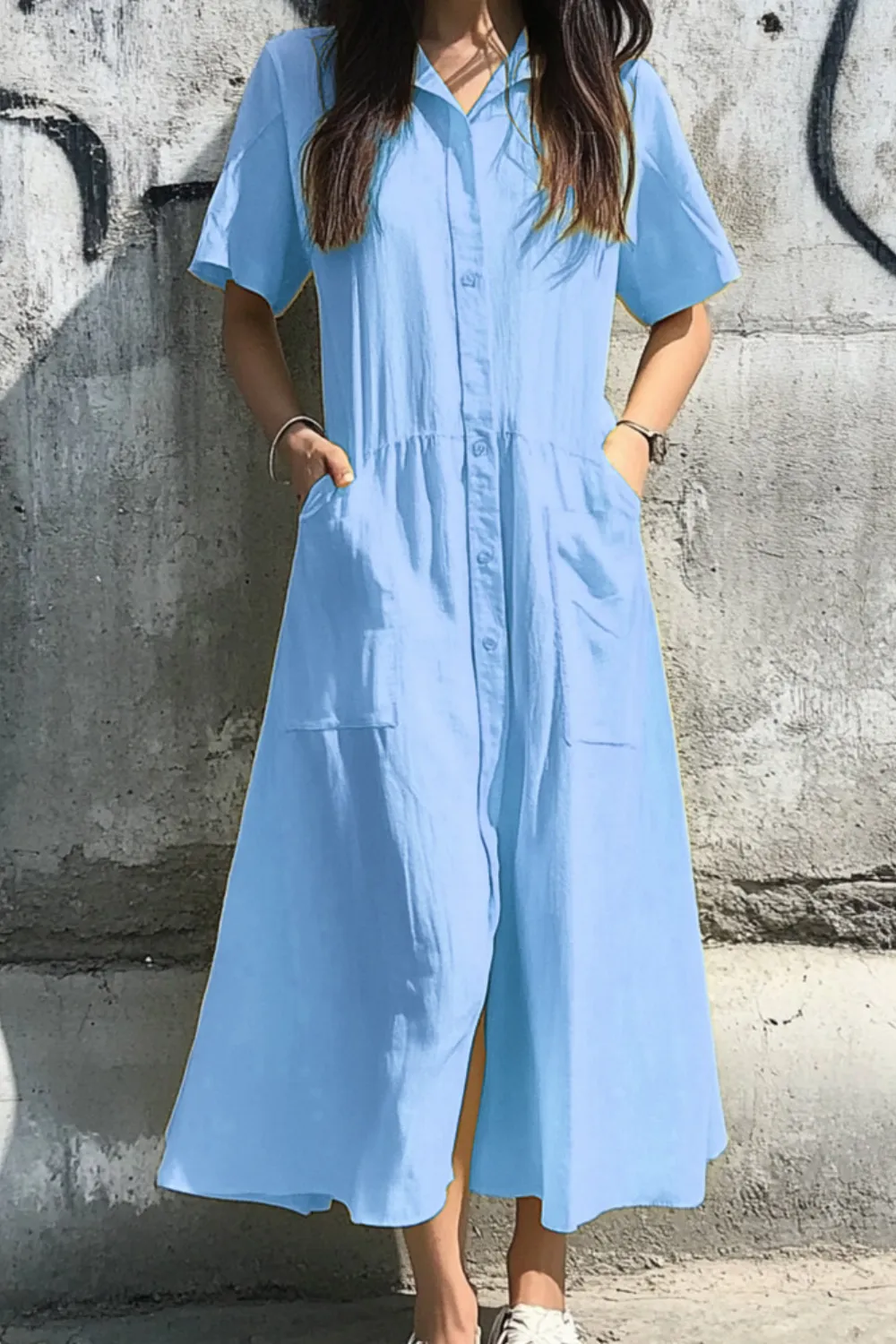 Button Front Short Sleeve Midi Dress, image 4