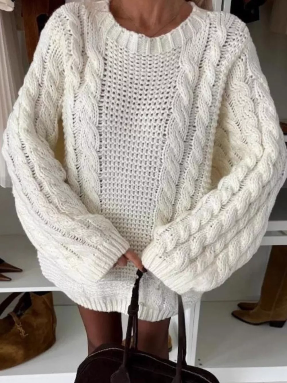 Cable Knit Round Neck Oversized Sweater, image 4