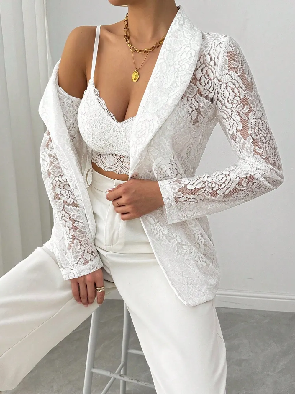 Lace Lapel Collar Long Sleeve Blazer, image 5