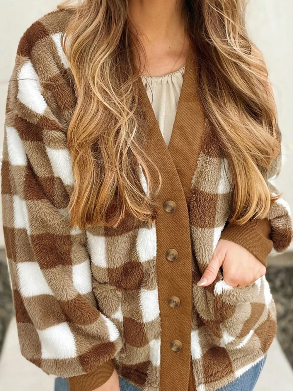 Checkered Sherpa Loose Knit Cardigan with Pockets, image 3