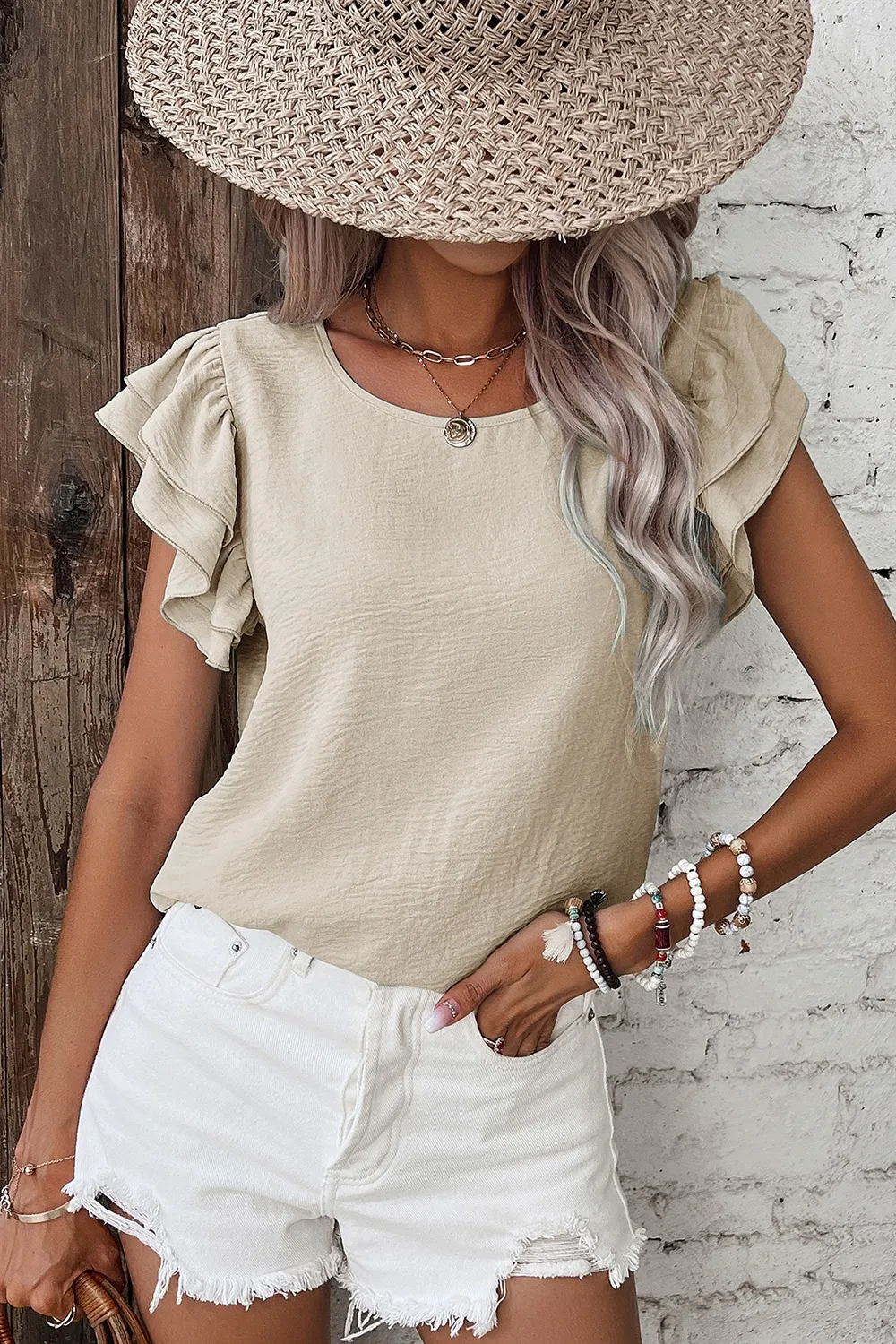 Solid Color Ruffled Short Sleeve Casual Blouse, image 16