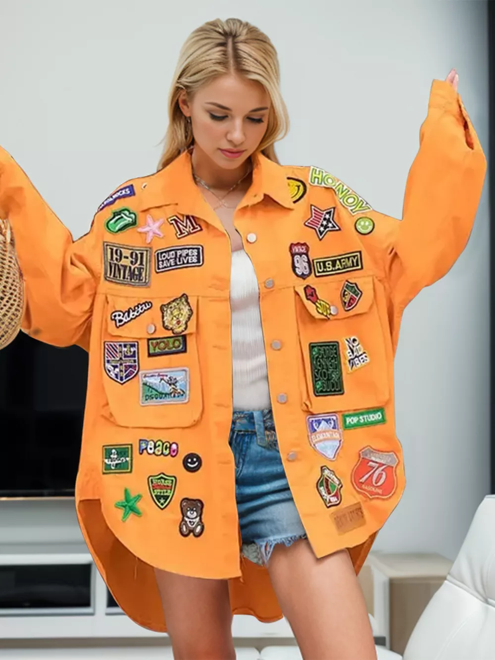 Embroidered Patch Button Up Long Sleeve Denim Jacket, image 8