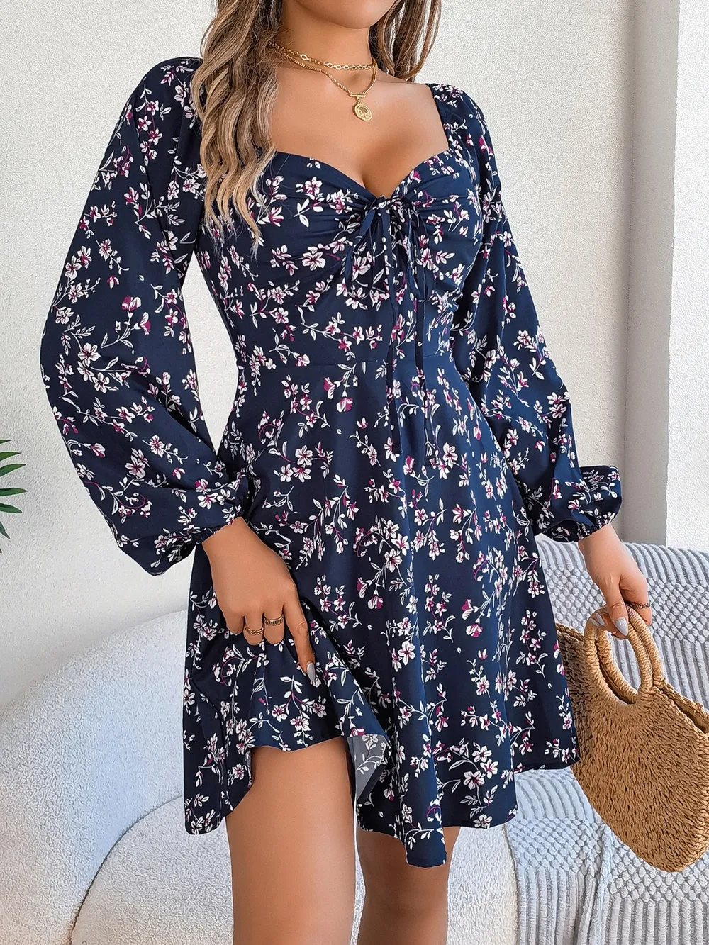 Printed Sweetheart Neck Balloon Sleeve Mini Dress, image 2