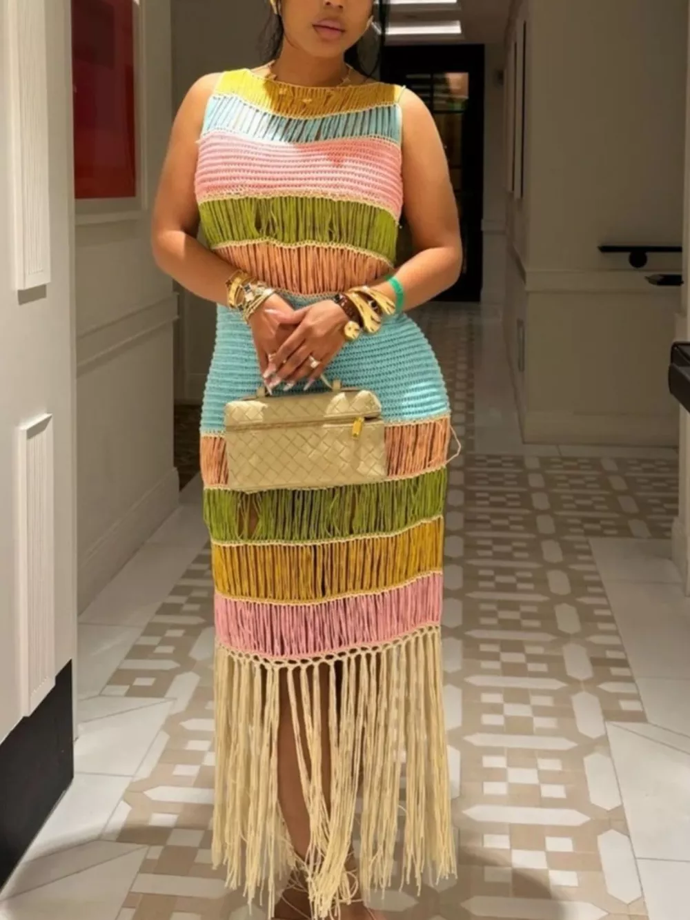 Fringe Crochet Knit Color Block Maxi Dress, image 2