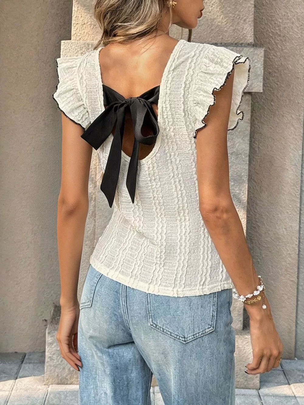 Textured Ruffle Sleeve Slim Fit Top, image 4