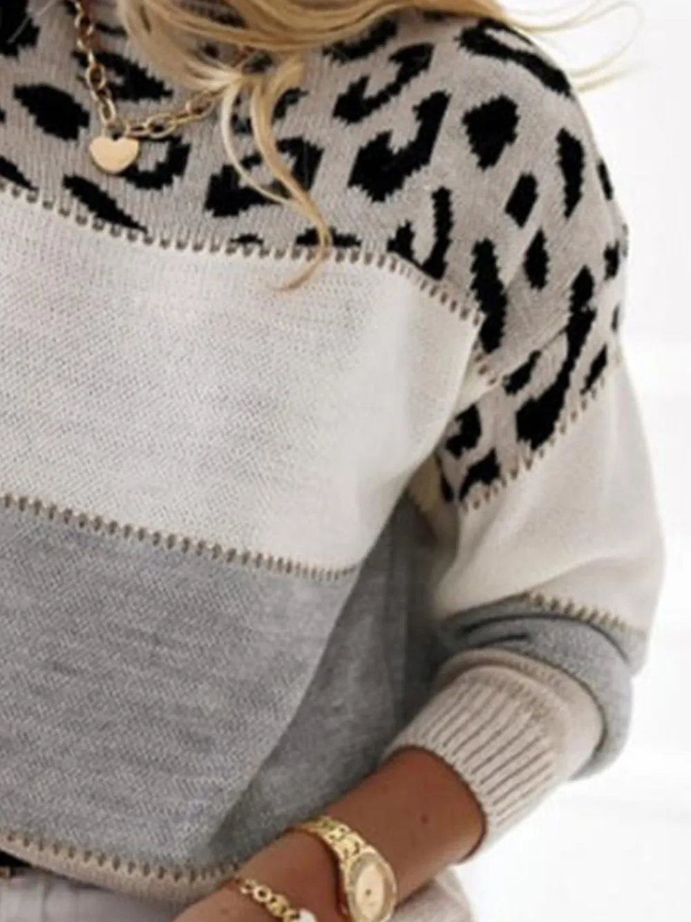 Leopard Color Block Round Neck Long Sleeve Sweater, image 6