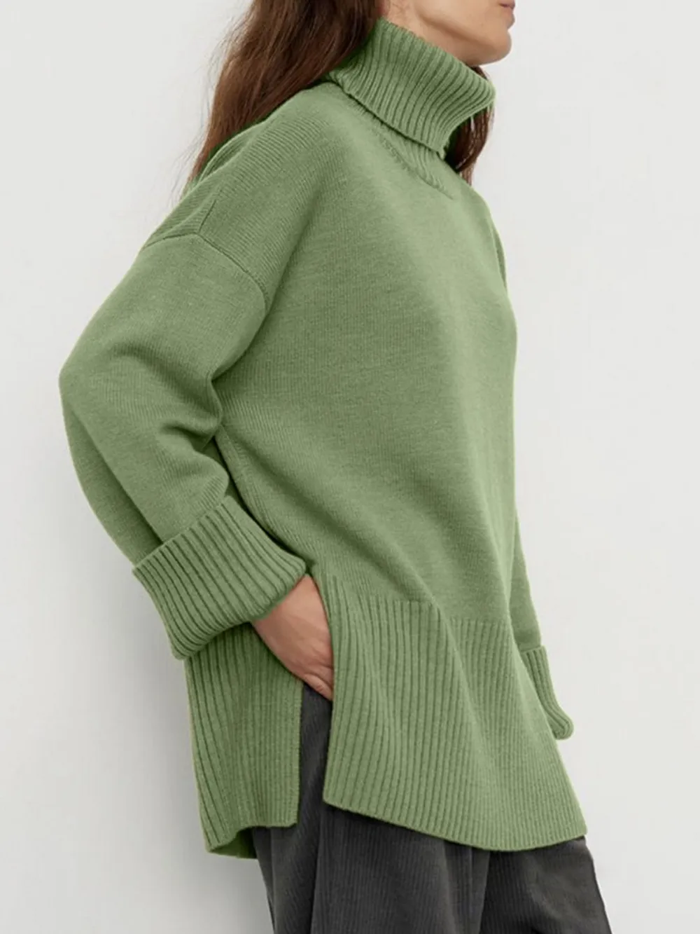 Side Slit Turtleneck Drop Shoulder Sweater, image 17