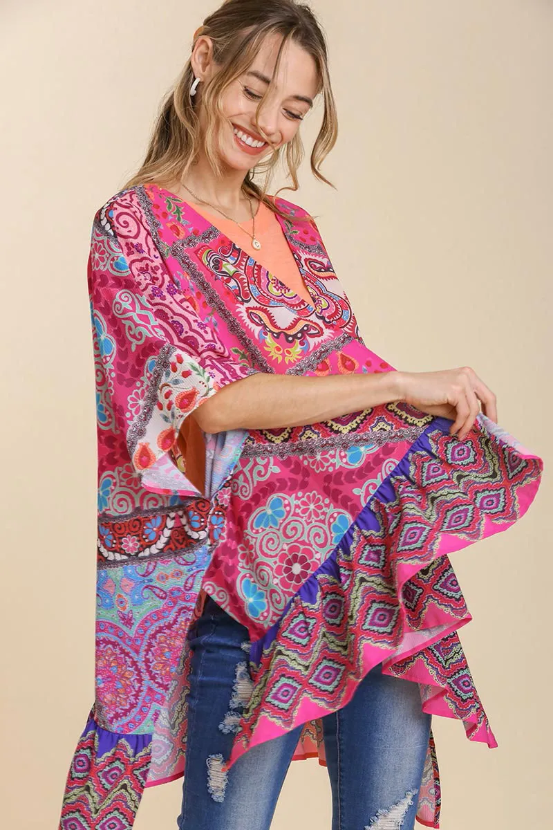 Full Size Mixed Print Ruffle Hem Open Front Cover Up Plus Size