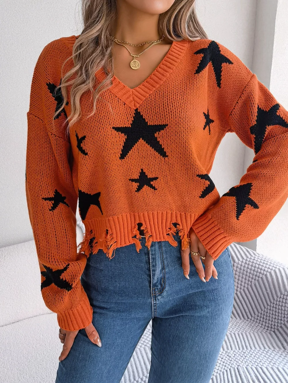 Star Pattern V-Neck Distressed Sweater, image 6