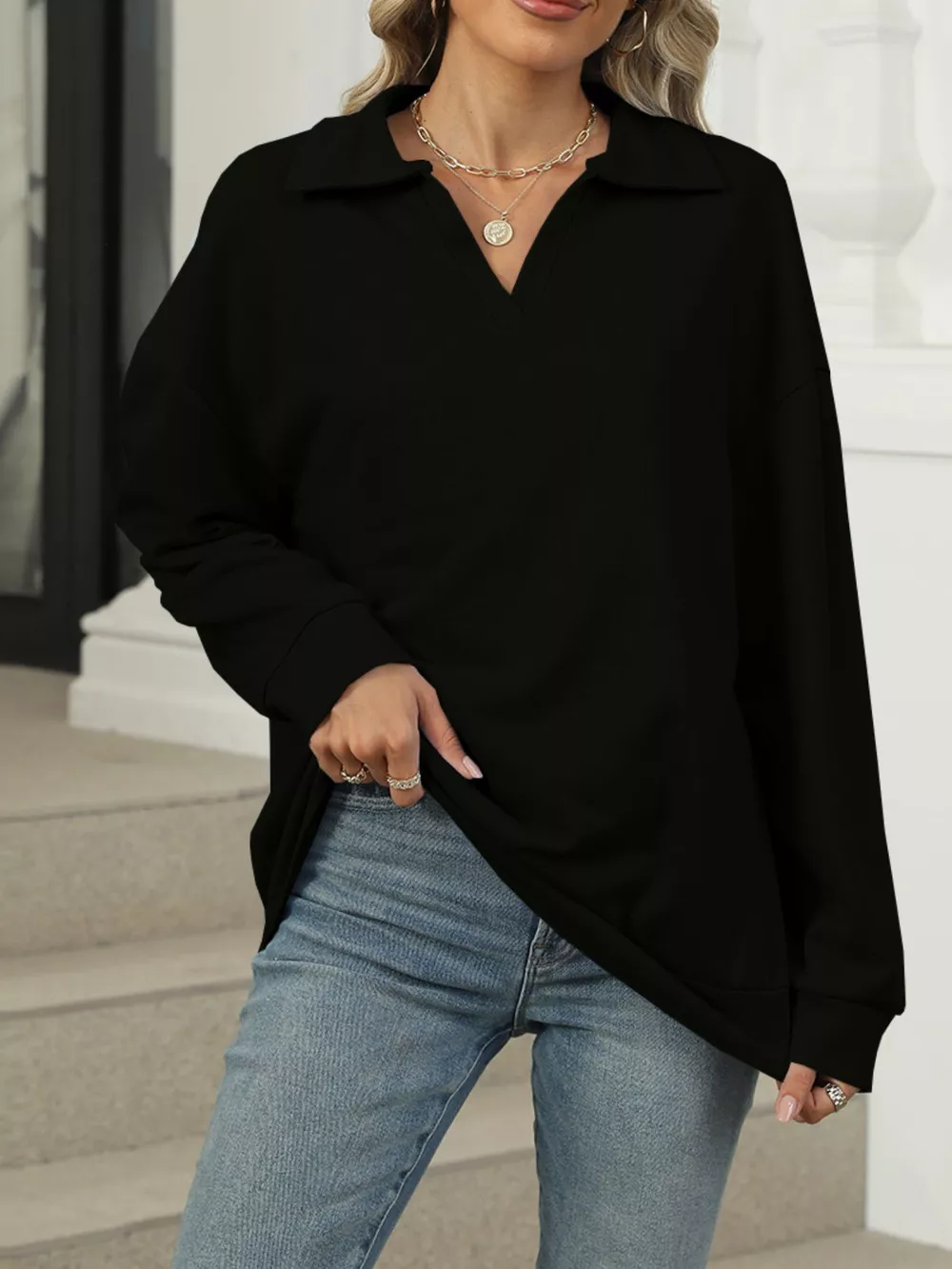 Johnny Collar Drop Shoulder Long Sleeve Sweatshirt, image 18