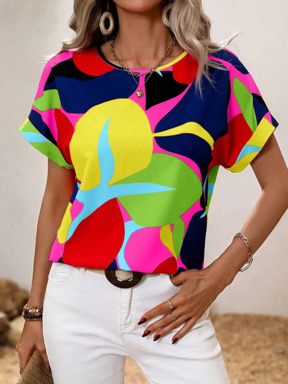 Contrast Round Neck Short Sleeve Blouse, image 17
