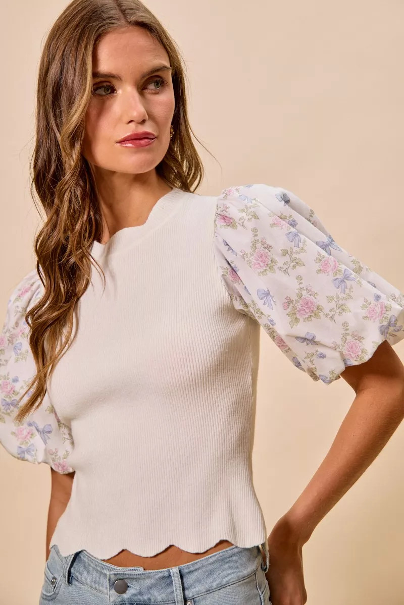Floral Cotton Contrast Sleeves Scallop Sweater Top, image 5