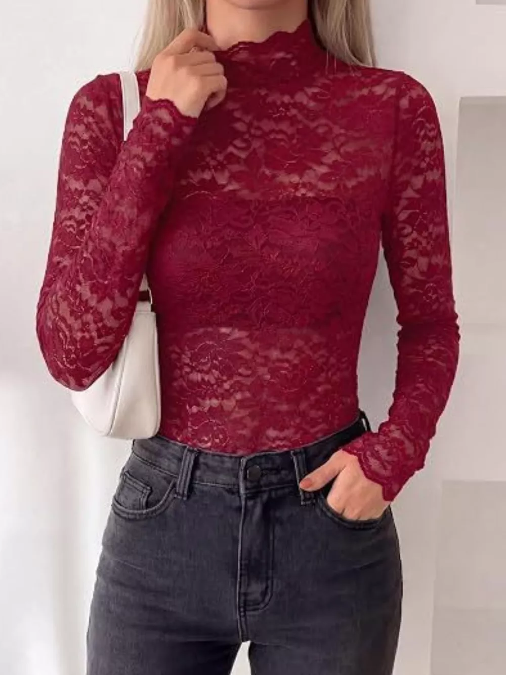 Lace Mock Neck Long Sleeve Top, image 22