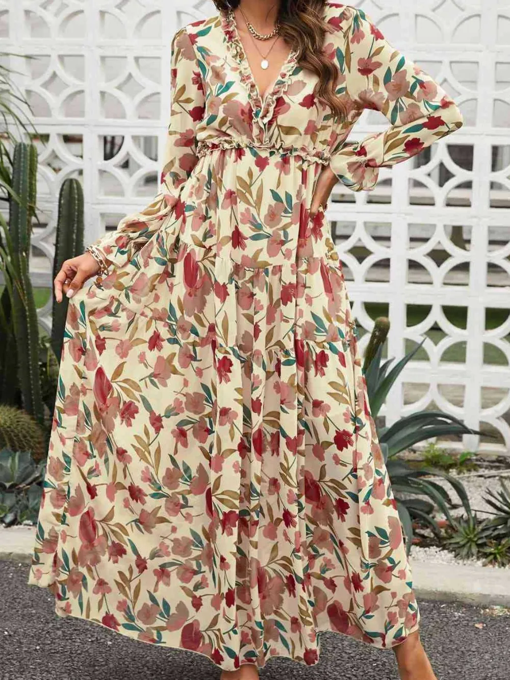 Frill Printed V-Neck Flounce Sleeve Dress, image 6