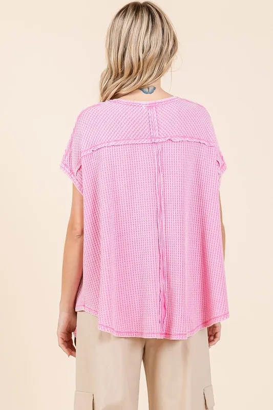 Mineral Wash Waffle Knit Pointed Hem Oversized Top, image 2