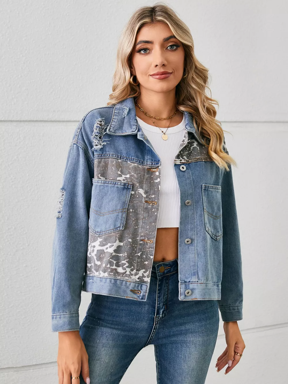 Snake Print Button Up Denim Jacket, image 12