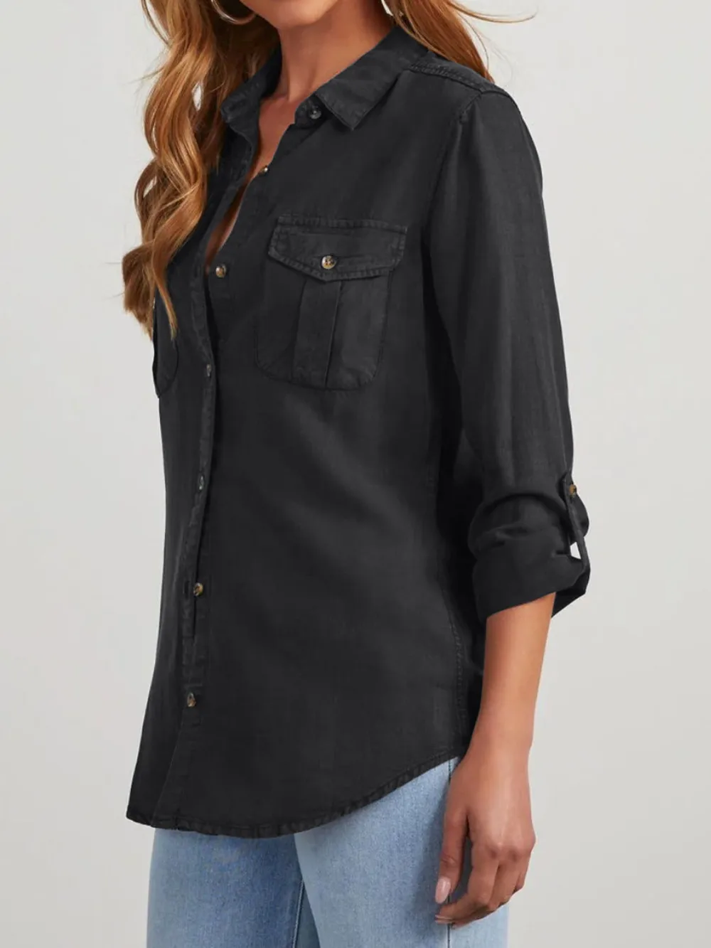 Collared Neck Roll-Tab Sleeve Denim Top, image 9