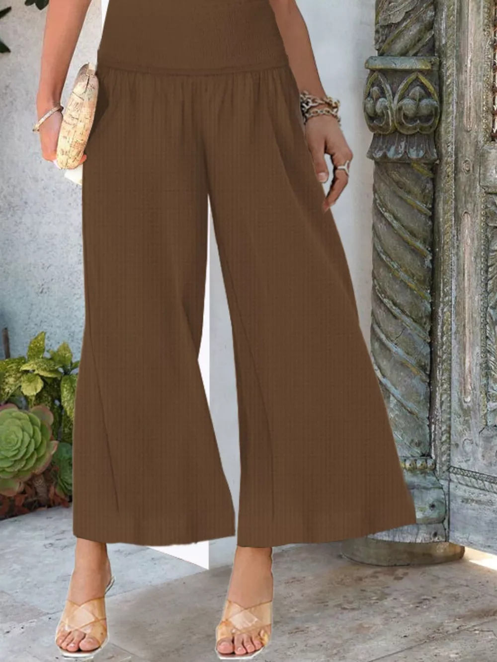Wide-Leg Smocked Waist Pants, image 14