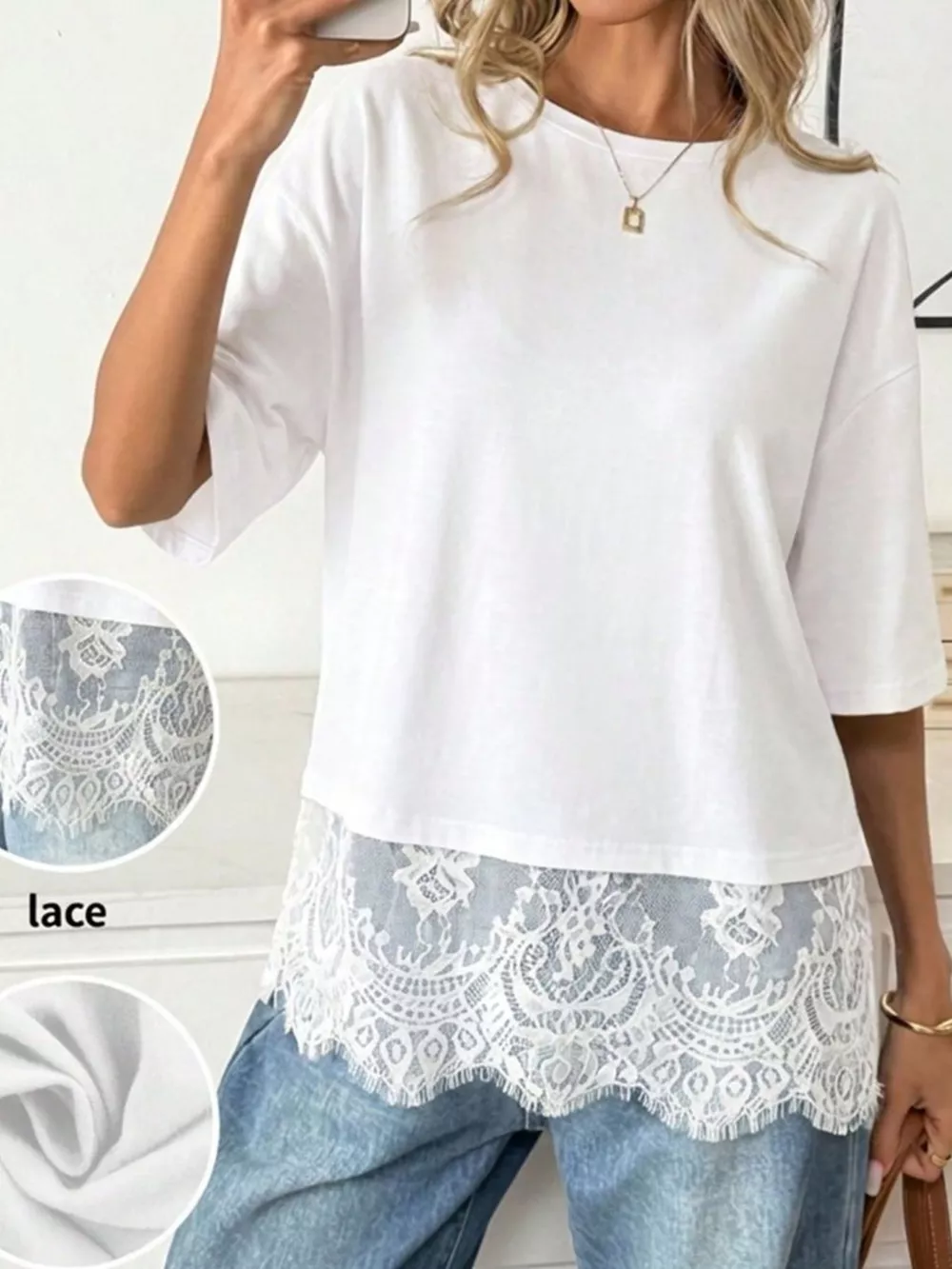Lace Hem Round Neck T-Shirt, image 8