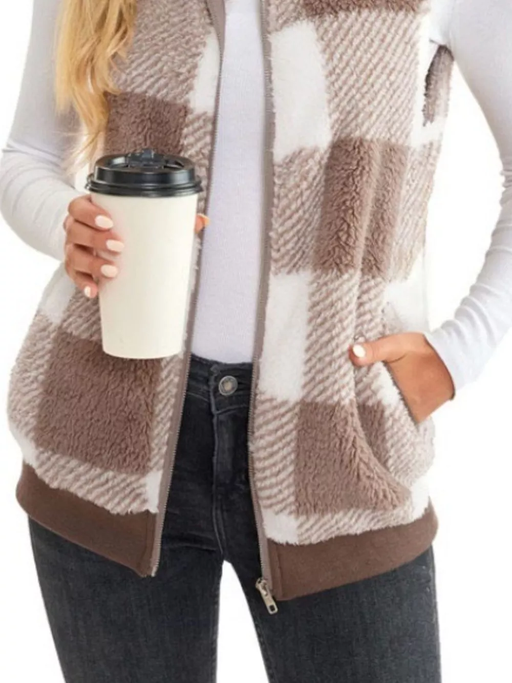 Full Size Color Block Zip Up Vest Coat Plus Size, image 21