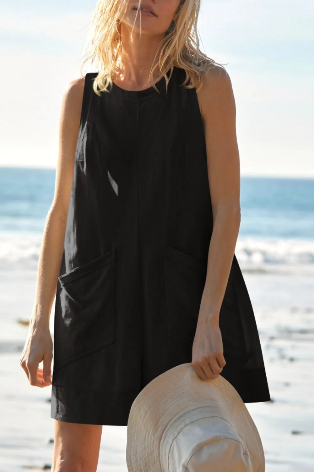 Round Neck Sleeveless Romper with Pockets