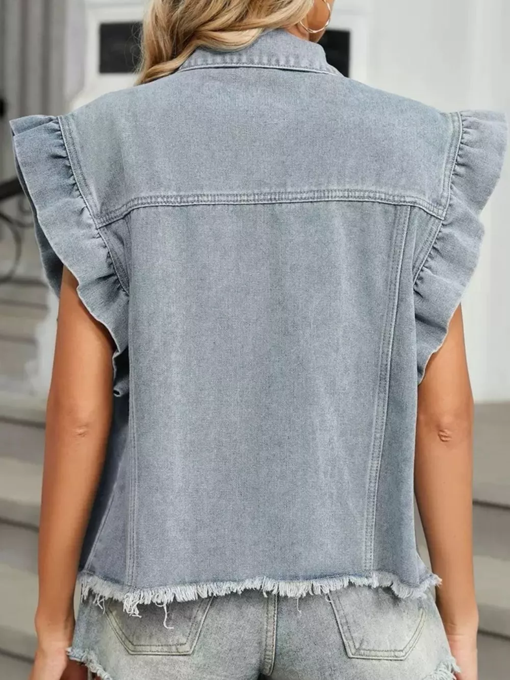 Ruffled Raw Hem Button Up Denim Jacket, image 5