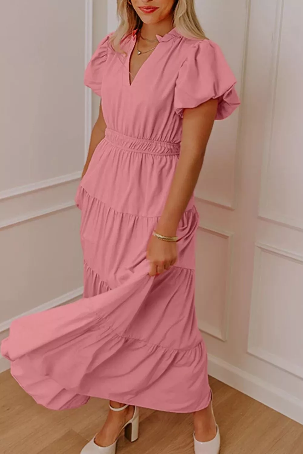 Elegant Ruffled Tiered Puff Sleeve Maxi Dress, image 3